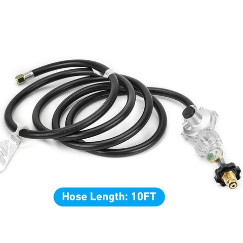 Durable Horizontal Two Stage Propane Regulator with Gauge and ten foot hose for outdoor grilling, camping, backyard BBQs, POL connection.