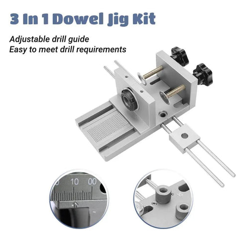 Three In One Dowel Jig Kit with self centering dowel jig, drill locator, and adjustable drill, premium tool steel construction.