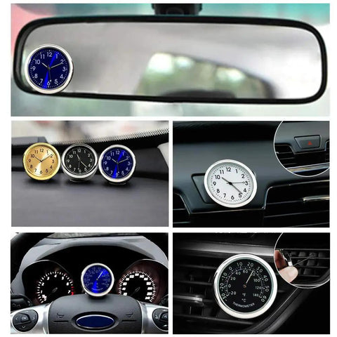 Mini Car Dashboard Thermometer Clip For Air Vent With Night Glow, various views including close-up, installed, and side perspectives