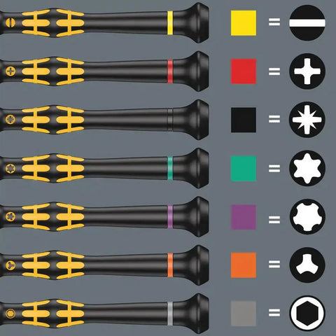 Various ESD Safe Kraftform Micro Slotted Screwdrivers with Anti Roll Handles and color-coded tips for precise slotted screws.