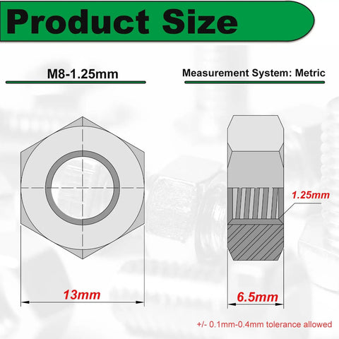 Beefy M8 Hex Nuts Set In 304 Stainless Steel Right Hand Thread M8 X 1.25 Pitch DIN934 Standard 13mm Hex Width Diagram