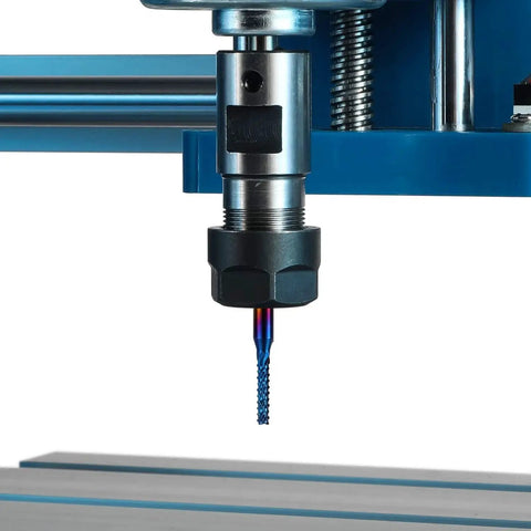 Close-up of a CNC machine with a bit from the 40 Piece CNC Router Bit Set with One Eighth Inch Shank including Two Flute Flat Nose and Ball Nose Bits Nano Blue and Titanium Coatings for Pro Grade Heavy Duty Durable Milling and Precise Carving on Wood Plastic and Aluminum installed.