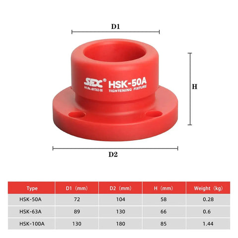 HSK50A Tool Holder Tightening Fixture For Universal CNC Equipment with size chart and measurements shown.