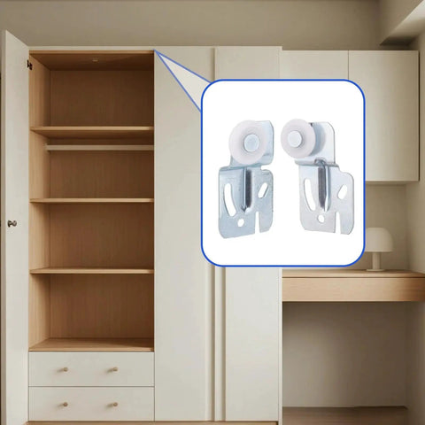 Sliding Closet Door Roller Kit For 3/4 To 1-3/8 Inch Thick Doors With Scroll Wheel Tracks And Screws in a wardrobe setting