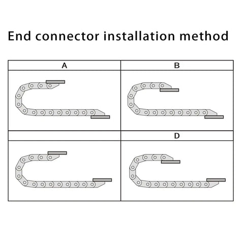 Diagram showing end connector installation methods for the Two Piece Open Type Drag Chain Cable Carrier For CNC Router Mill And 3D Printer.