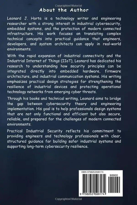 Book back cover in dark blue for PRACTICAL INDUSTRIAL SECURITY with author bio and barcode.