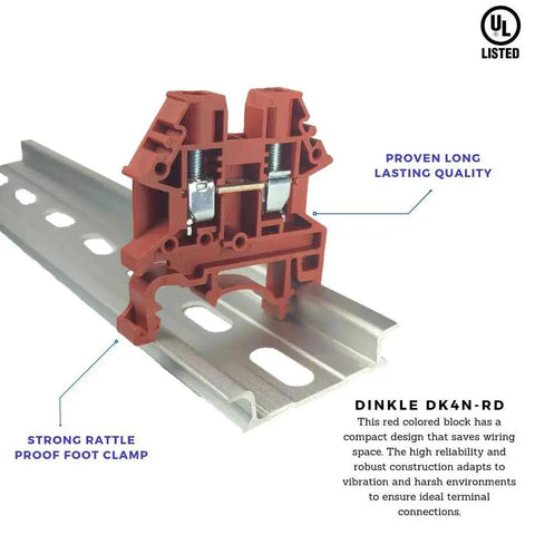 Red DIN Rail Terminal Block Screw Type UL 600V 30A 10 to 22 AWG High Reliability Compact Design installed on rail.