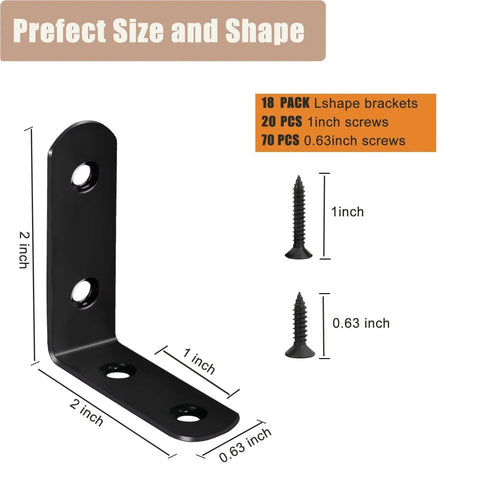 18 Pack L Shape Corner Brackets Stainless Steel Heavy Duty Black 2 Inch Shelf Brackets With Long Screws For Wood Furniture