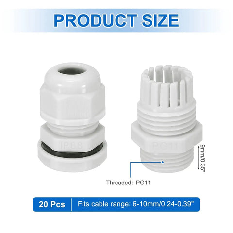 Adjustable PG11 Cable Glands 6 to 10mm PA6 Nylon IP68 Waterproof Connectors product size details, 20-piece set.