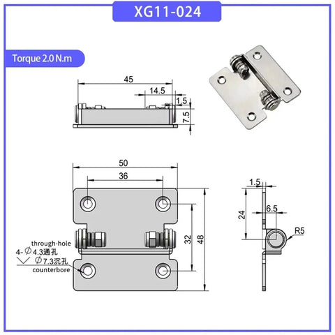 Free Stop 180° foldable hinge, front view, 304 stainless steel, adjustable damping torque, 1 piece