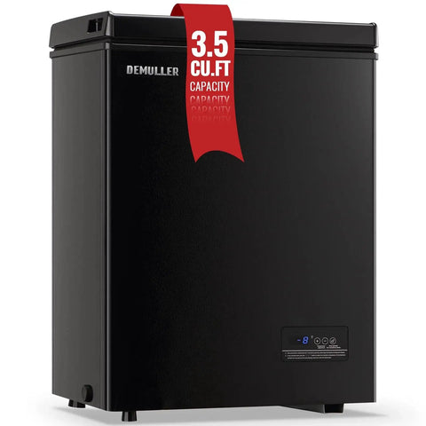 Front view of black 3.5 Cu Ft Chest Freezer With Temperature Display And Removable Basket featuring digital display and compact design.