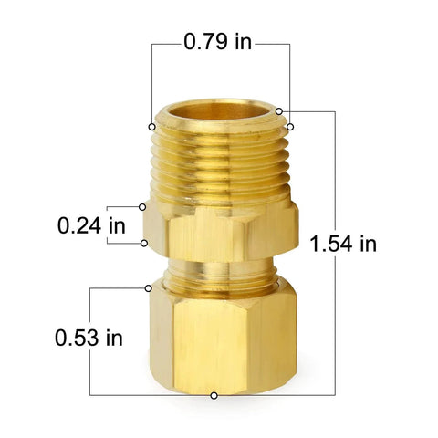 Brass Compression Tube Fitting 1/2 Inch OD x 1/2 Inch NPT Male Compression Union Connector with dimensions labeled