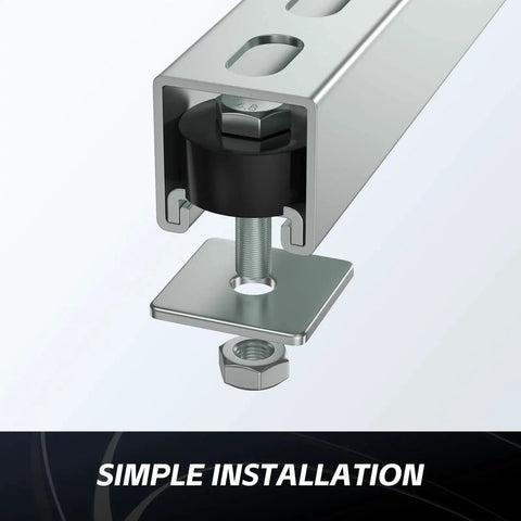 Close-up of a trolley roller limit mounted on a Unistrut strut channel with simple installation, featuring 1-5/8 inch size and safety features.