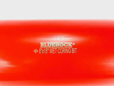 Close-up of red Beast 6 Inch Diamond Wet Core Drill Bit For Concrete And Masonry with white BLUEROCK branding on the side.