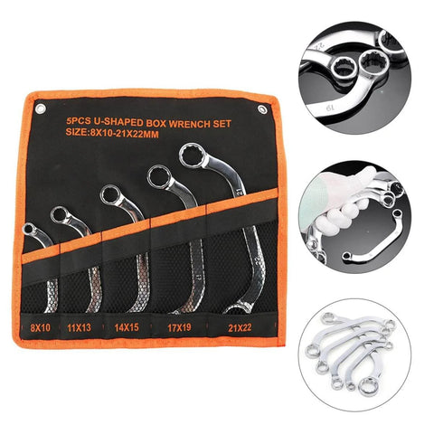 Beefy 12-Point Box End Wrench Set With Chrome-Vanadium Steel Socket Spanners, 5-Piece Heavy-Duty Hand Tool Kit visible in pouch