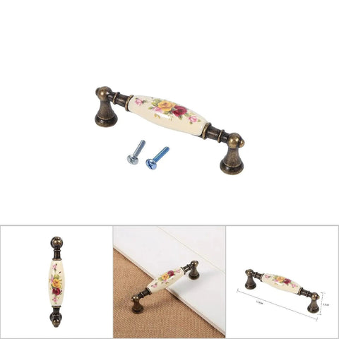 Vintage Ceramic Drawer Handles In Antique Bronze With Elegant Flower Pattern, European Retro Style Cabinet Knob And Alloy Drawer Pulls with screws.