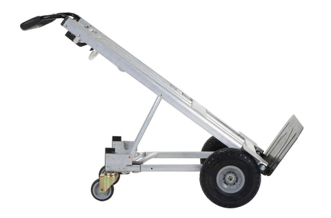 Side view of COSCO 4-in-1 Folding Series Hand Truck with Flat-Free Wheels, showing metal frame and durable wheel design.