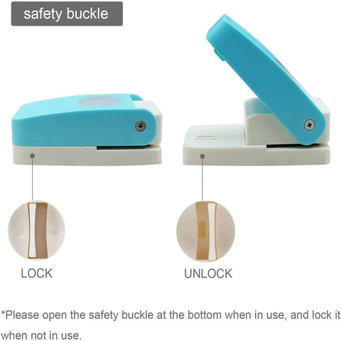 Side view of 1 Inch Circle Punch Round Craft Lever Handheld Tool with candy color, showing safety lock and unlock positions.