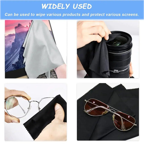 Microfiber Cleaning Cloths 6x7 Inches, 20 Pack in Vinyl Pouches for Glasses and Screens wiping a camera lens and glasses.
