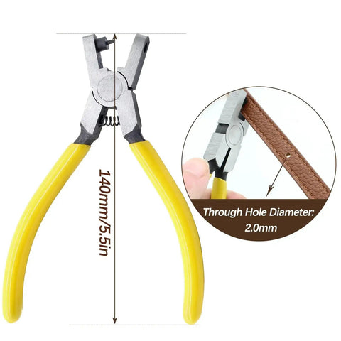 2mm Small Hole Punch Pliers For Watch Bands And Leatherwork 5.5 Inch Round Metal Hole Puncher showing steel construction and yellow handles