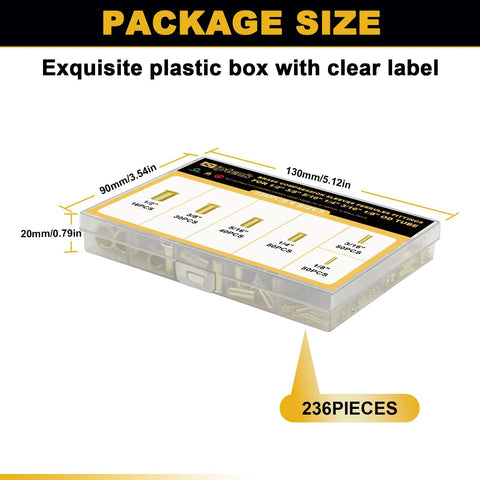 Siptenk 236-piece brass compression tube inserts assortment in clear plastic storage box, six sizes