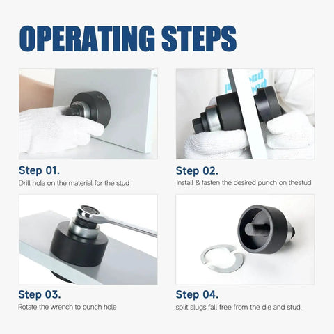 Operating steps for Heavy Duty Manual Ratchet Knockout Hole Punch Kit Built To Last With Six Dies From One Half Inch To Two Inches