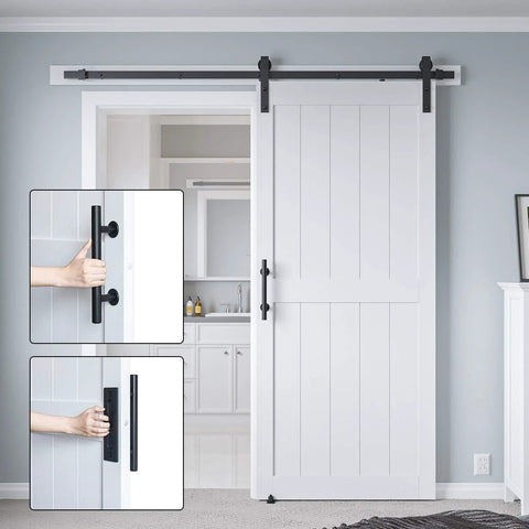 36-Inch By 84-Inch MDF Sliding Barn Door With 6.6-Foot Hardware Kit And Handle, shown installed in a living space.