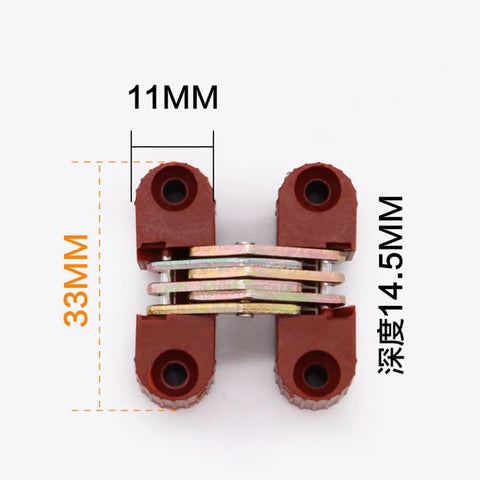 Hidden Hinges 4 Pack 33x11mm white plastic invisible barrel cross hinge, side view, showing dimensions for doors and cabinets use