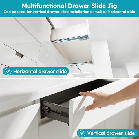 Pro Grade Drawer Slide Jig For Cabinets And Desks showing vertical and horizontal installation capabilities