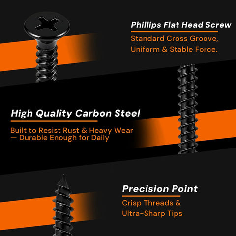 Close-up view of 230 Piece Heavy Duty High Hardness Wood Screws Assortment Kit With Size Six And Size Eight Phillips Flat Head.
