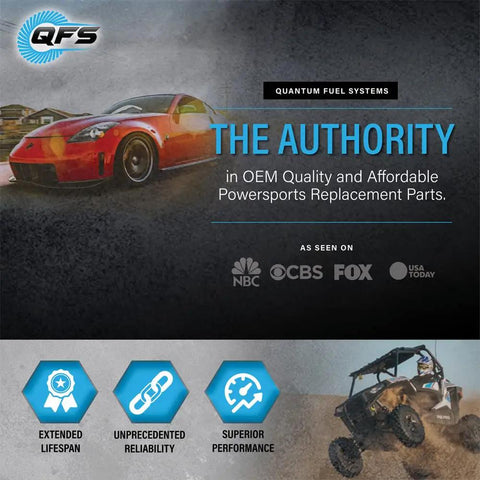 Infographic displaying Quantum Fuel Systems branding, red car, and powersports vehicle emphasizing OEM quality parts and media features.