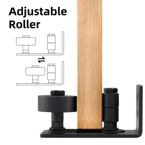 Barn Door Floor Guide Set Black Powder Coated Carbon Steel Construction With Durable POM Nylon Rollers, 8 In 1 Adjustable.