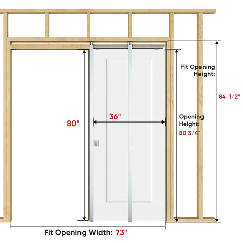 Front view of 36 By 80 Inch Sliding Pocket Door With Track Hardware And Frame Kit White Paintable Door Slab Satin Nickel Privacy Latch.