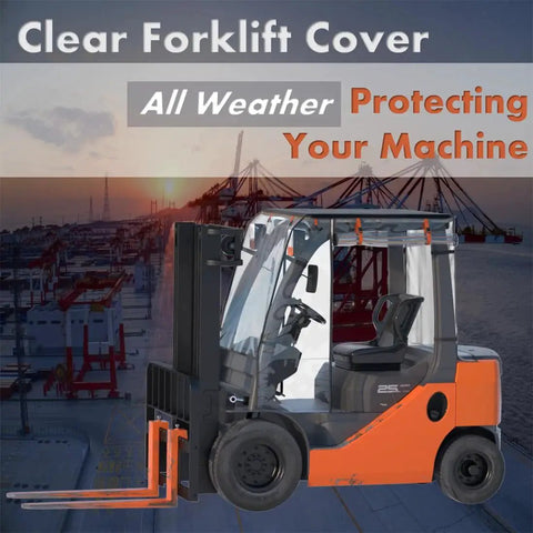 Universal Forklift Rain Cover Up To 6000lb Waterproof Rollable Clear EVA Shield on orange forklift at docks