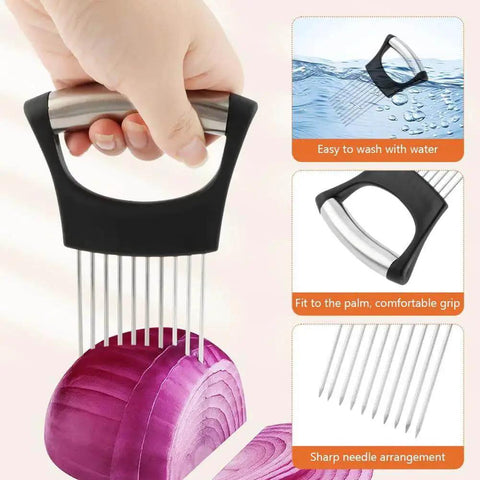 Crinkle Cutter Knife with Rubber Handle Stainless Steel Wavy Blade Fries Cutter Slicer for Potatoes Onions and Veggies Handy Kitchen Chopping Tool for Home Use Black shown slicing red onion, featuring stainless steel prongs and black handle.