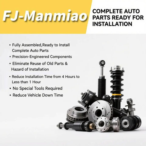 Assorted auto parts including struts and wheel hubs from FJ-Manmiao, ready for installation.