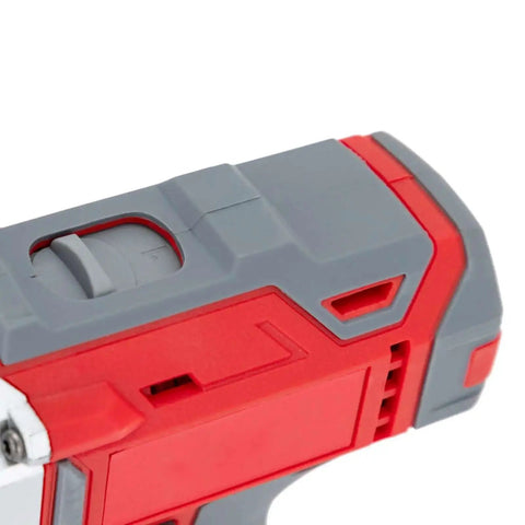 Close-up of 21V Electric Metal Shears With Swivel Head, highlighting ergonomic handle and speed control dial for precise sheet metal cutting.