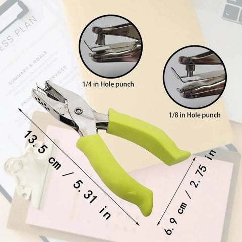 Soft Grip Hole Punch Set With Two Handy Mini Punches In One Quarter Inch And One Eighth Inch for scrapbooks, green handle, size details