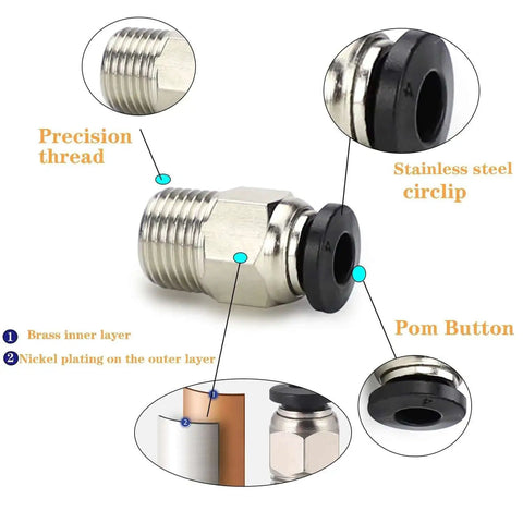 Close-up of PC4 metal fitting for 2M Bowden Tube for 3D Printing, featuring precision thread, stainless steel circlip, and POM button.