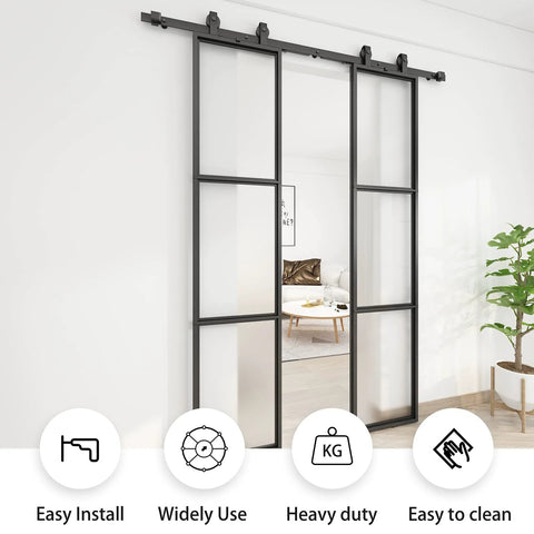 Two Sets Of 18 Inch By 84 Inch Three Paneled Frosted Glass Double Barn Doors With Carbon Steel Frame And Hardware Kit Soft Close Included Easy To Install displayed in a living room setting