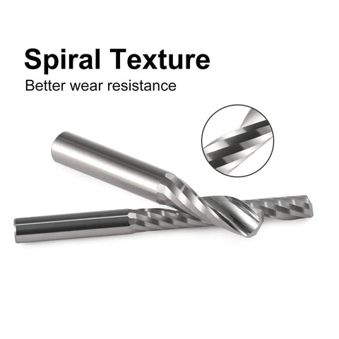 Close-up of O Flute End Mill One Eighth Inch Shank One Sixteenth Inch Cutting Diameter Carbide CNC Router Bit with spiral texture.