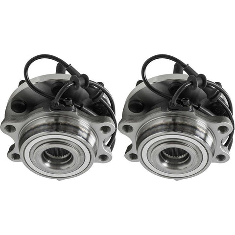 Front Wheel Bearing And Hub Assembly Compatible With Nissan Frontier 2005 To 2016, Pathfinder 2005 To 2012, Xterra 2005 To 2015, Suzuki Equator 2009 To 2012, 2 Piece Front Wheel Hub Kit For Easy Bolt On Replacement, showing two metal assemblies with wiring, front view.