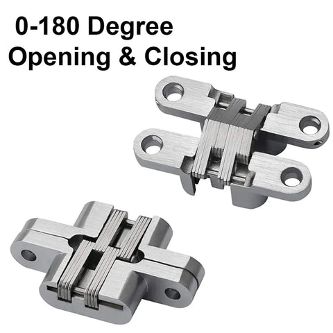 Hidden Door Hinge Set 6 Pieces, Invisible Cross Hinge 180 Degree Folding, stainless steel zinc alloy bearings, two hinges shown.