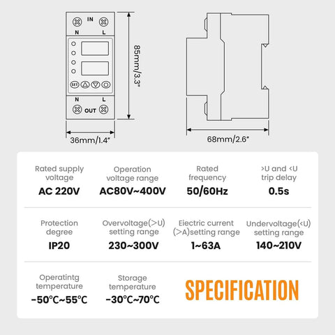 Diagram of adjustable miniature circuit breaker with time delay, auto reset, quick disconnect, 110/230V, two pole, 1-63A, specs shown.
