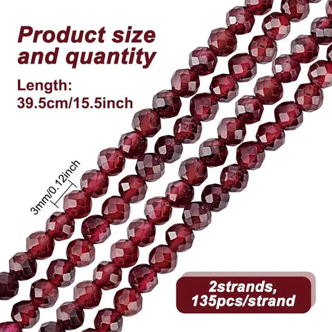 Approximately 270 Pieces 3mm Natural Faceted Garnet Beads For Jewelry Making, round gem beads on two 39.5cm strands.