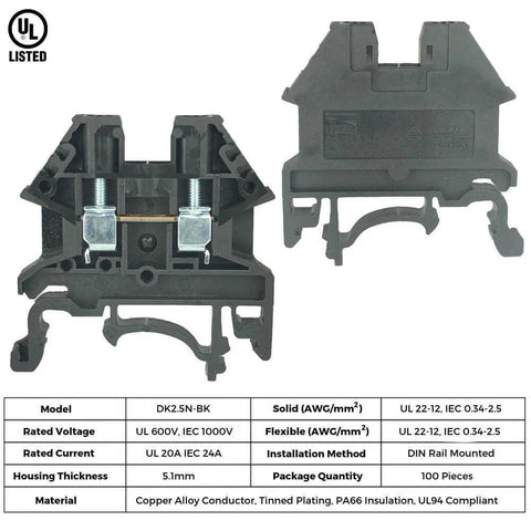 Black DK2.5N DIN Rail Terminal Block Screw Type UL 600V 20A 12-22AWG Pack Of 50 front and back view with specifications