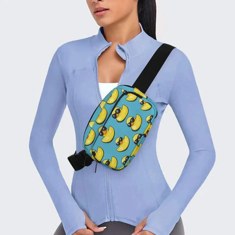 Crossbody Fanny Pack For Men And Women Adjustable Strap Belt Bag 300D Twill Construction Hands Free All Day Everyday Wear Cool Duck Sunglasses Print Small Waist Pack For Running Travel Workout