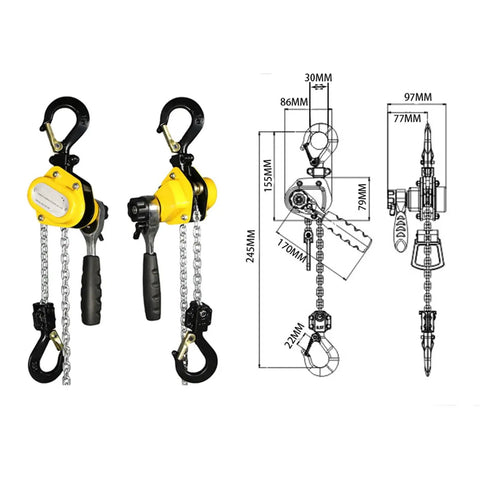 Manual Lever Chain Hoist One Quarter Ton 20 Ft Come Along With G80 Chain, diagram and front view