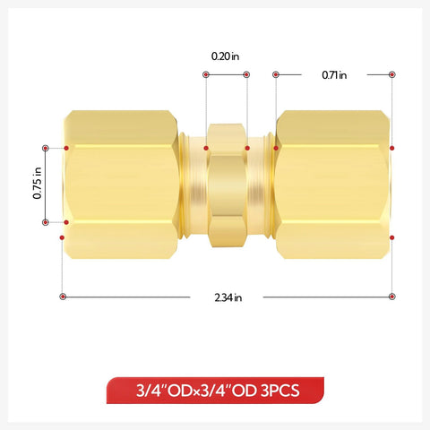 Brass compression straight union connector, 3/4 in OD x 3/4 in OD, 3-piece set by Amazon GAGIRA