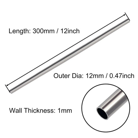 Diagram of Stainless Steel Round Tubing 12mm Outer Diameter 1mm Wall 300mm Length 304 Grade Seamless Pipe with measurements